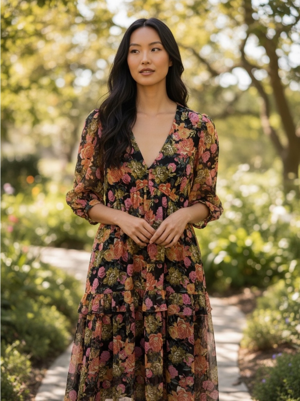 Gabby Skye Black Maxi Dress with Pink & Orange Floral Print